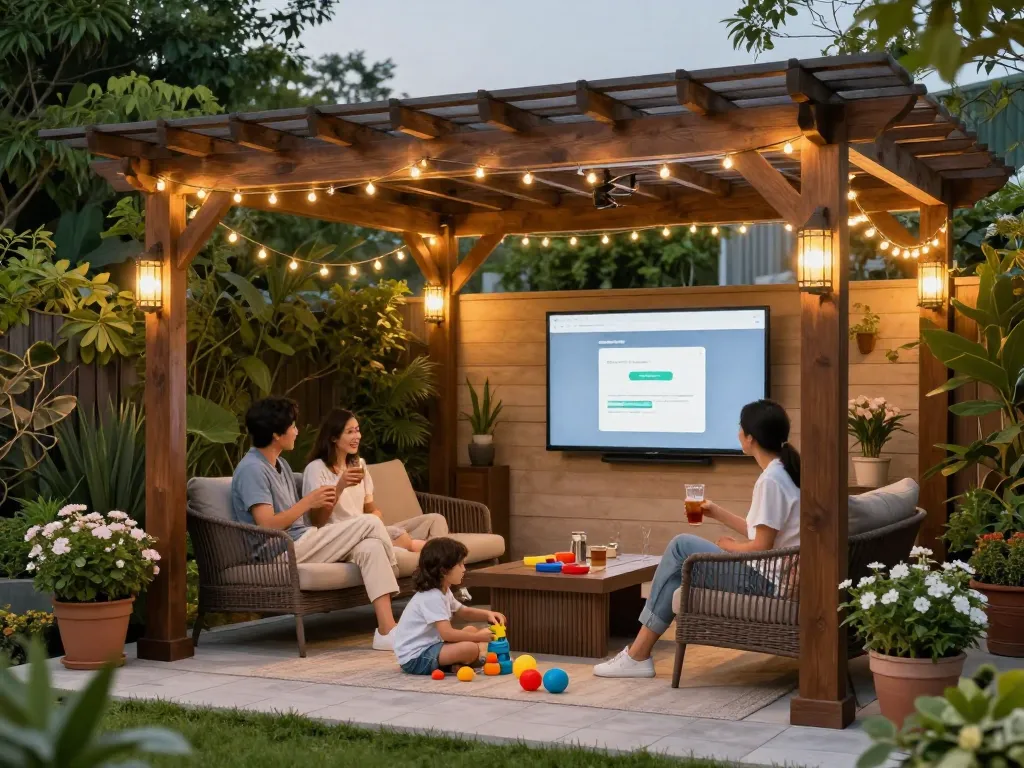 Enjoying a family gathering under an online pergola configurator-designed structure in a lush garden.