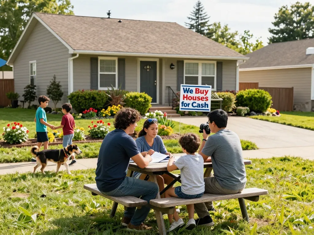 Family discussing selling their home for cash, "We Buy Houses for Cash" sign in suburban backyard.