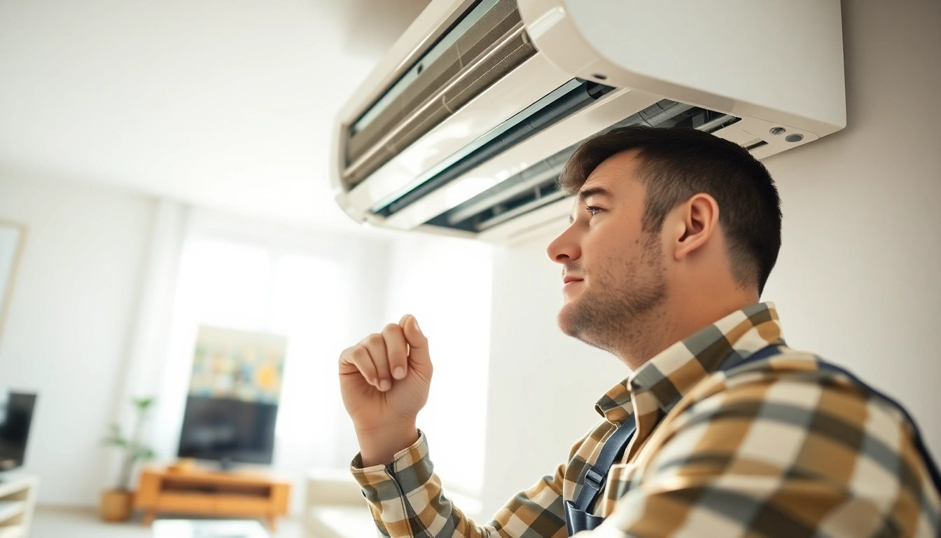 HVAC Repair Tampa by a technician working on an AC unit in a modern living room setting.