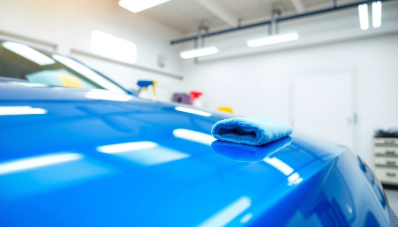 Experience the full car detailing service showcasing a gleaming vehicle in a bright garage setting.