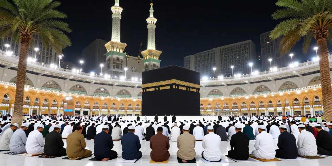 Stunning Umroh Full Ramadhan travel scene with devout pilgrims at Kaaba, showcasing spiritual journey and breathtaking atmosphere.