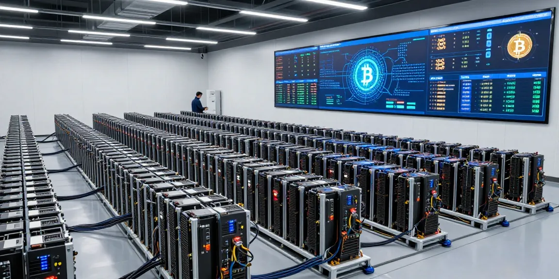 Bitcoin mining farm featuring ASIC miners and performance dashboards, showcasing cryptocurrency mining technology and efficiency.
