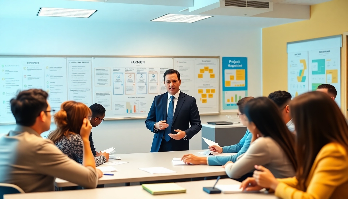 PMP exam support session with diverse group discussing project management in a modern classroom.