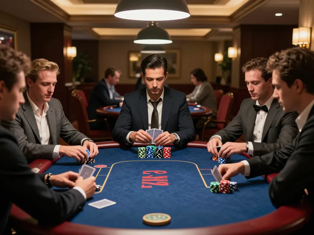 Engaged players enjoying a strategic poker game at online casinos Canada, showcasing colorful chips and warm lighting.
