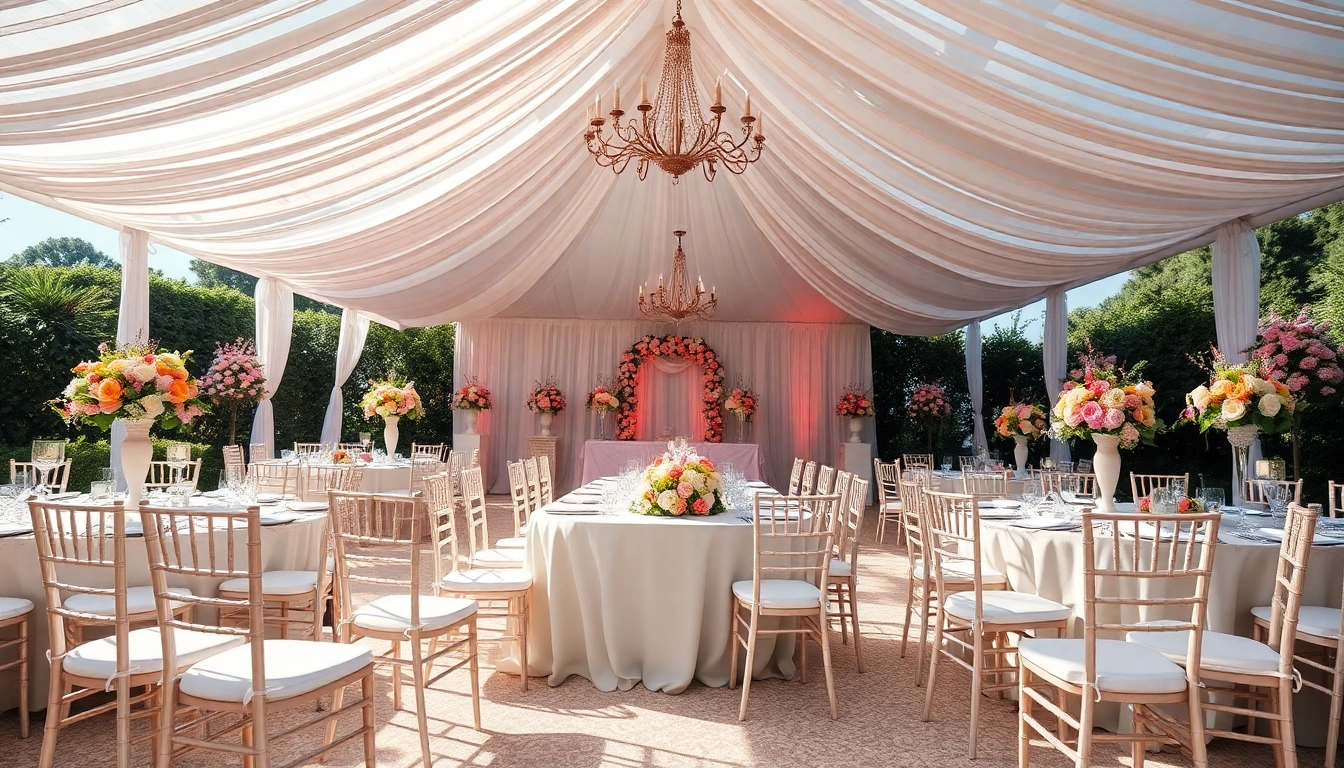 Experience stunning Wedding Rentals with elegant chairs and beautiful floral arrangements at a bright wedding setup.