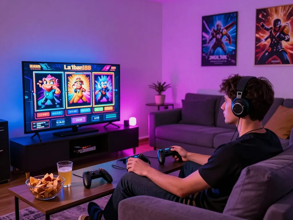 Adegan menarik seorang gamer menikmati permainan slot laoban188 di lingkungan rumah yang nyaman