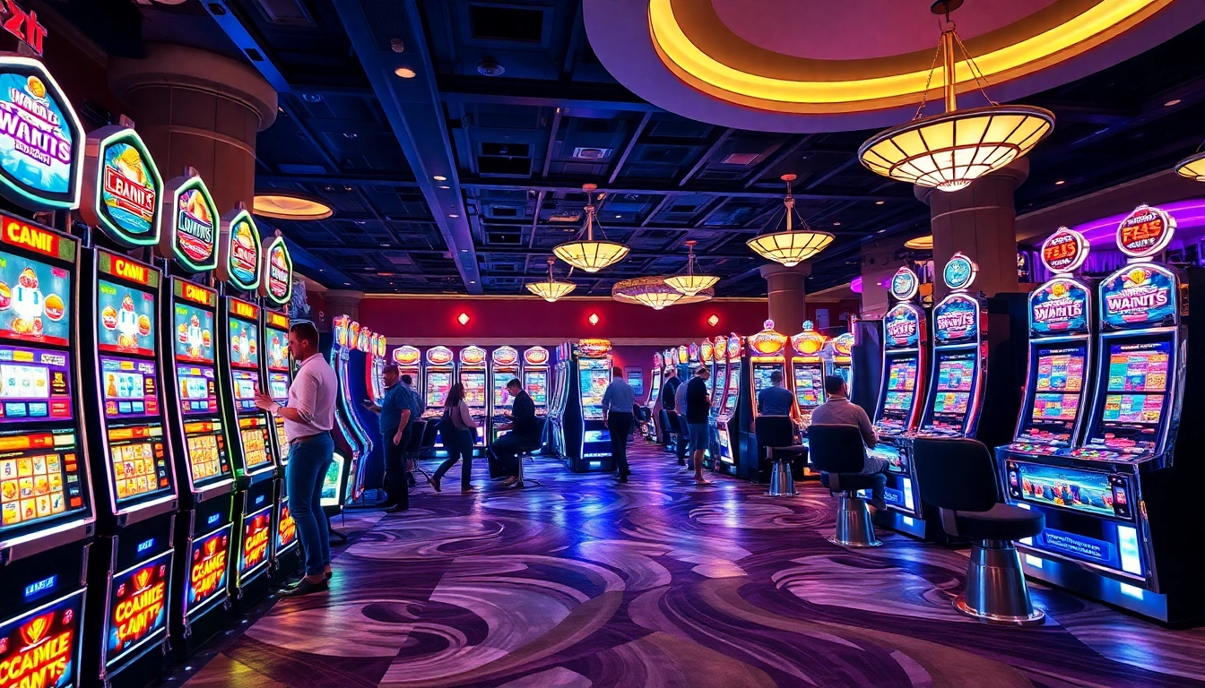Engaging players at slot777 in a vibrant casino filled with neon lights and exciting slot machines.