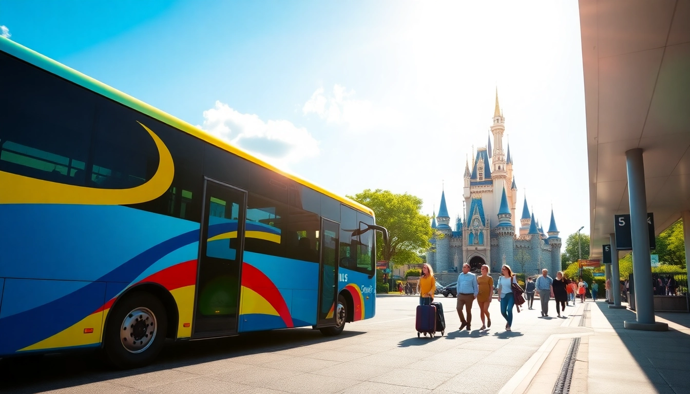 Experience Disneyland Paris airport transfer services with a vibrant shuttle bus at the resort.