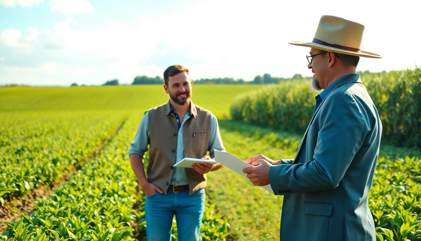 Agriculture lawyer consulting a farmer in a sunny field, illustrating legal partnership.