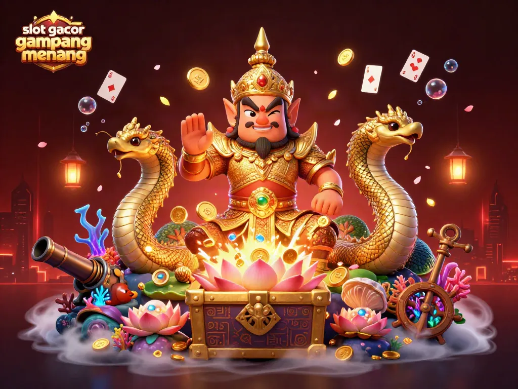 Memenangkan jackpot slot gacor gampang menang dengan pengawal Thai dan makhluk Naga yang ceria dalam adegan penuh warna.