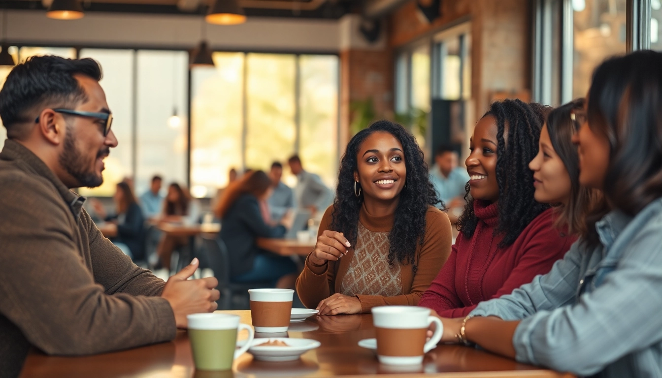 Friends discussing the concept of sondern auch wahrgenommen werden in a cozy café setting.