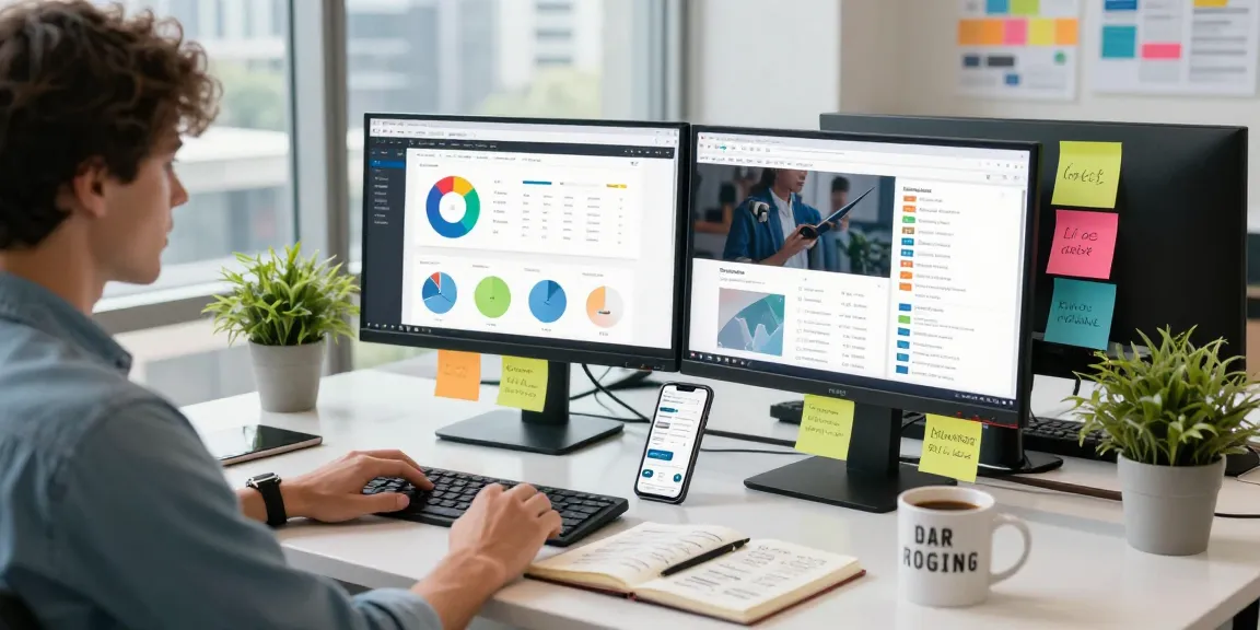 Digital marketing strategy workspace at scenadomen.pl with analytics displays and creative atmosphere.