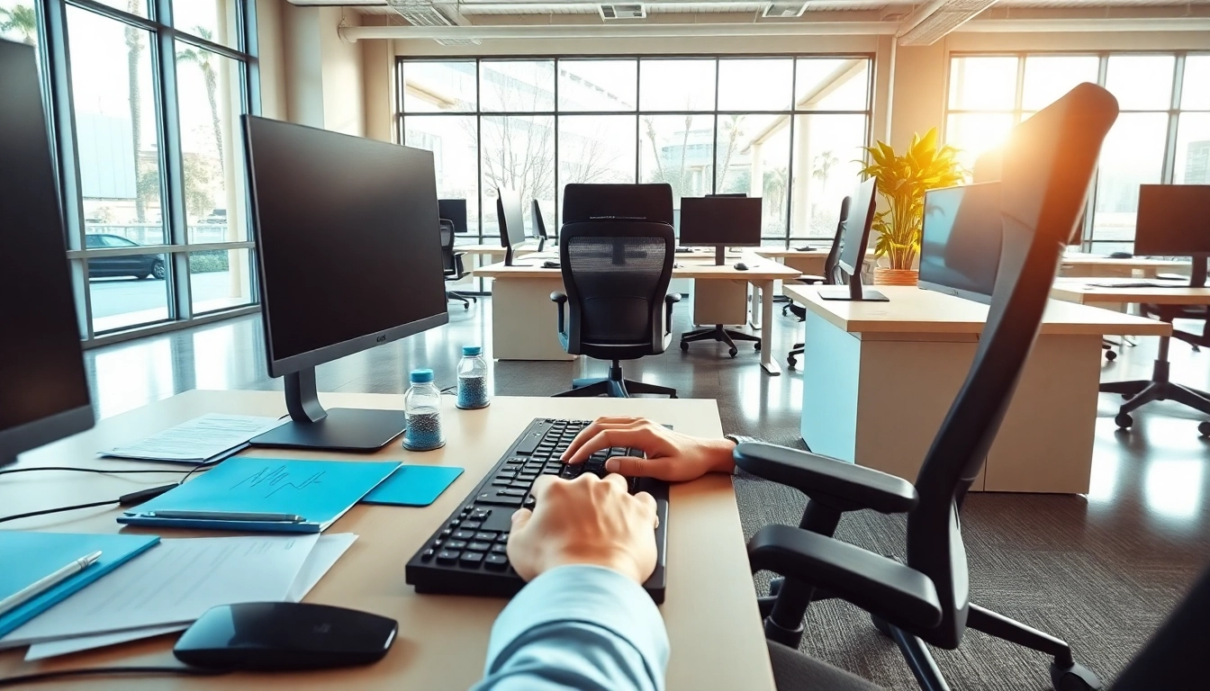 Person working at a typing center with focused demeanor and modern equipment.