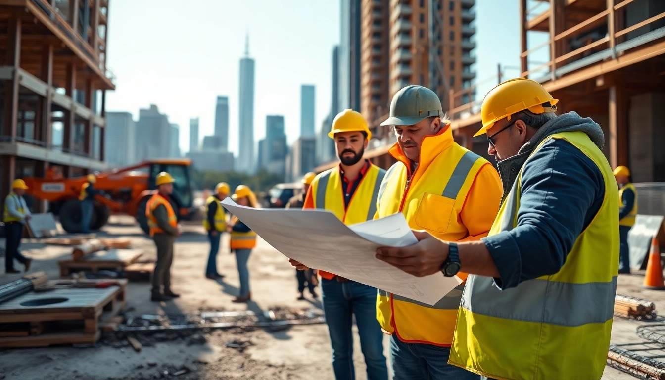 Manhattan Commercial General Contractor supervising a bustling construction site with various workers.