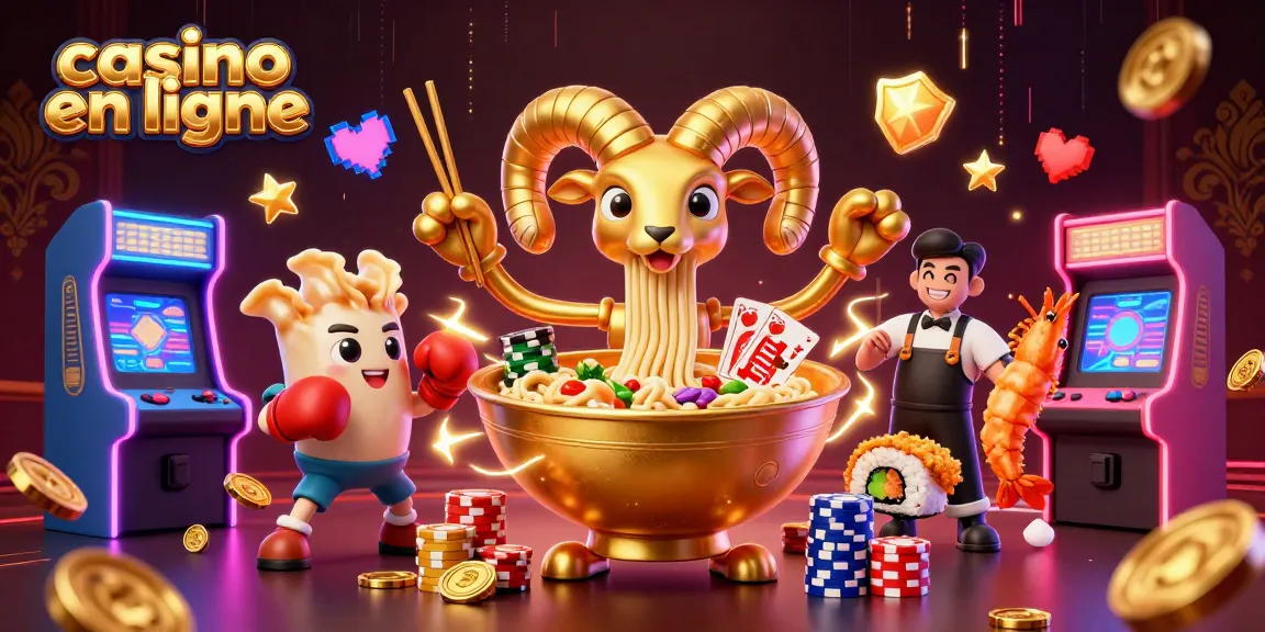 Une illustration de casino en ligne animée mettant en scène un bol de ramen géant et des jouets de casino colorés.