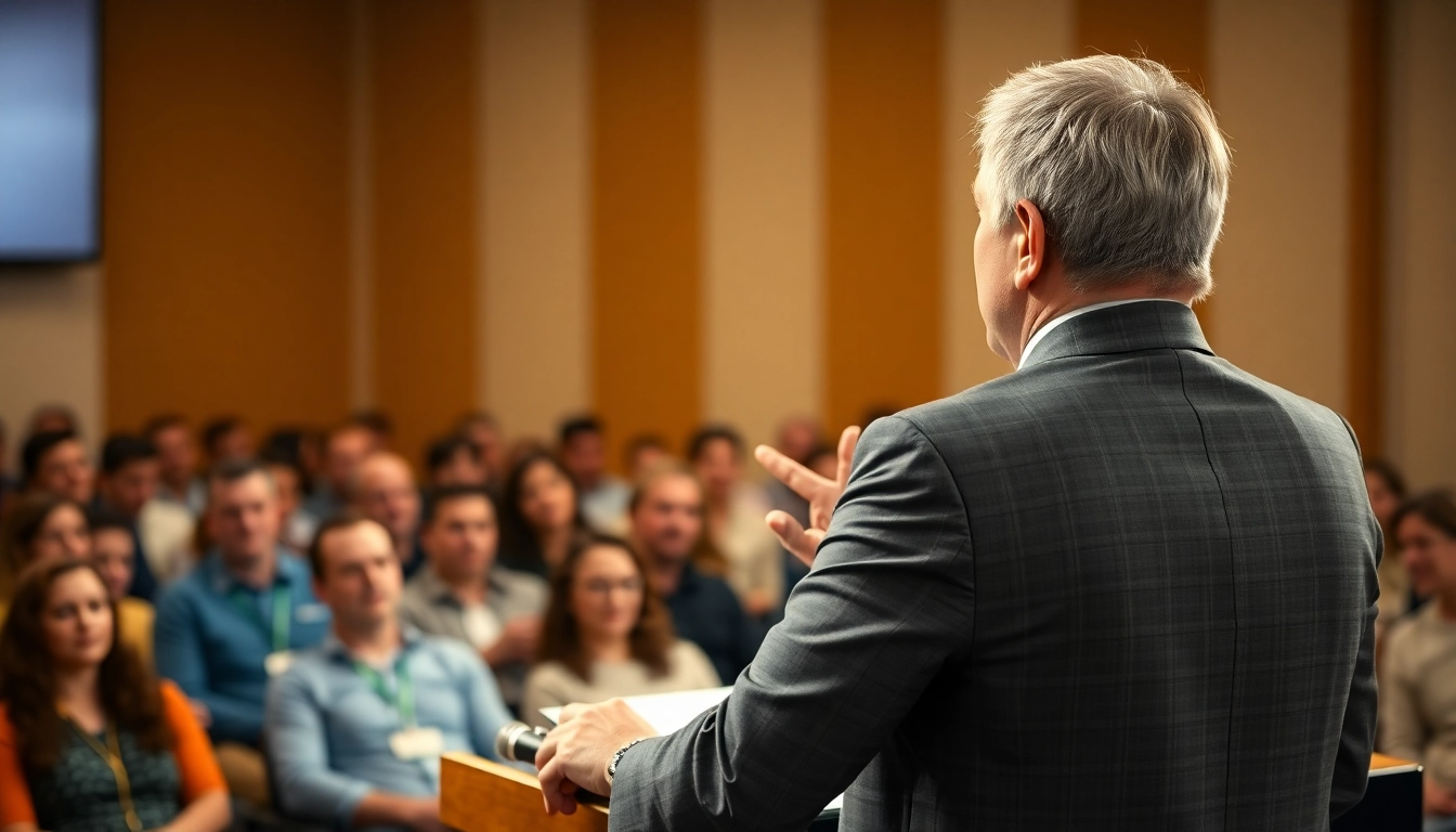 Engaging public speaking training session showcasing a dynamic speaker on stage.