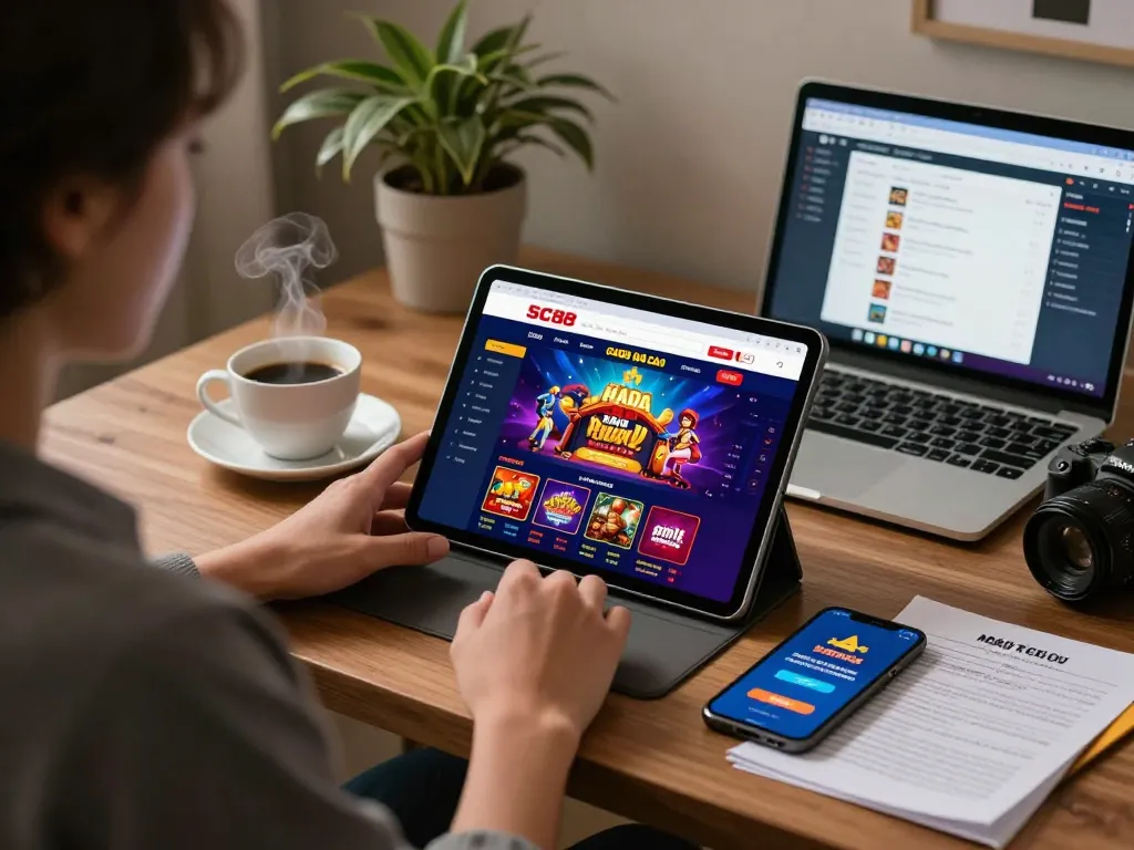 Engaged player exploring SC88 nhà cái on tablet with casino games interface in cozy home setup.