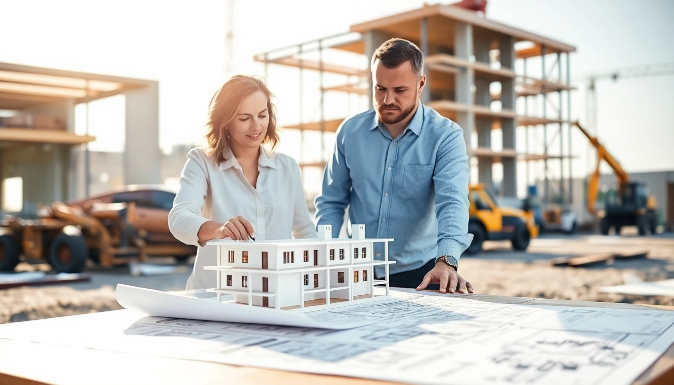 Architects collaborating at an architecture and engineering firm, showcasing blueprints and a building model.