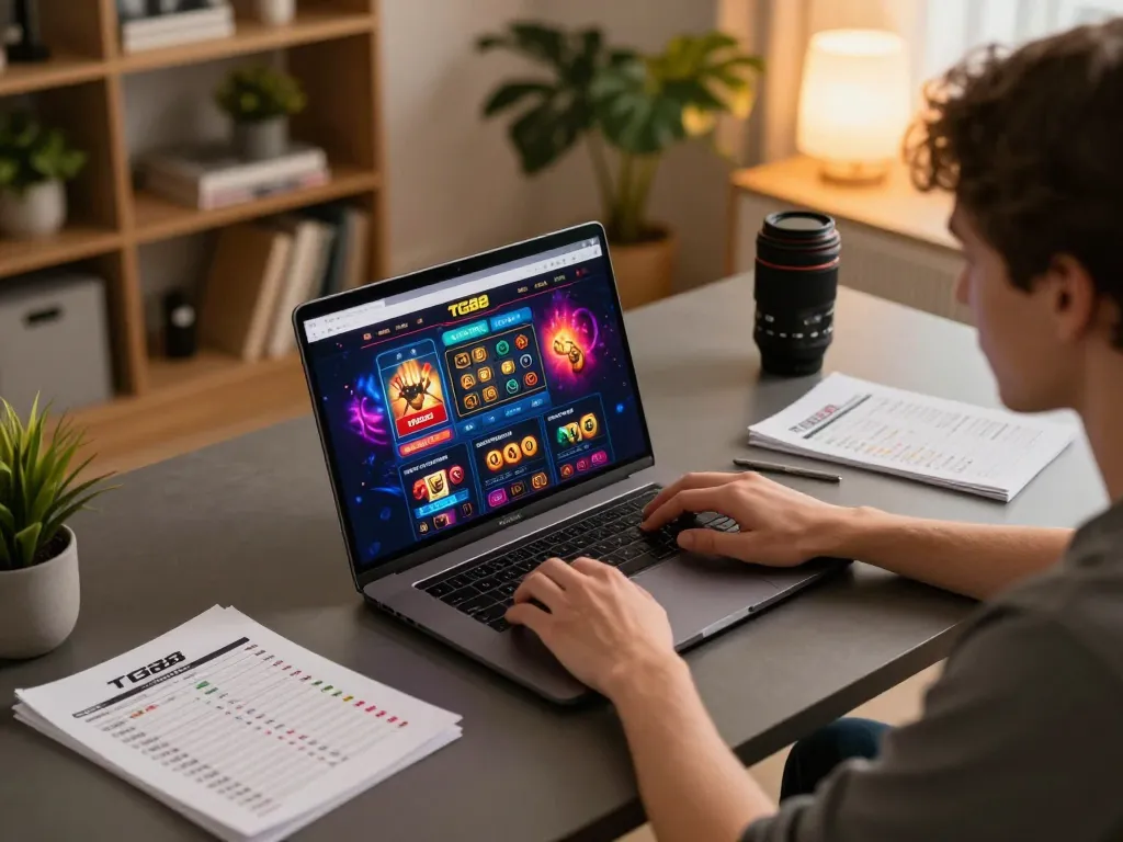 Person playing on TG88 online casino in a cozy home setup, showcasing gaming interface and strategy notes.