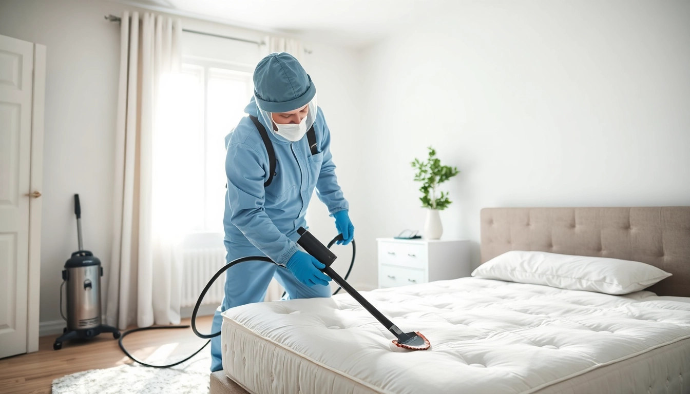 Technician demonstrating effective bed bug removal in a clean bedroom setting.