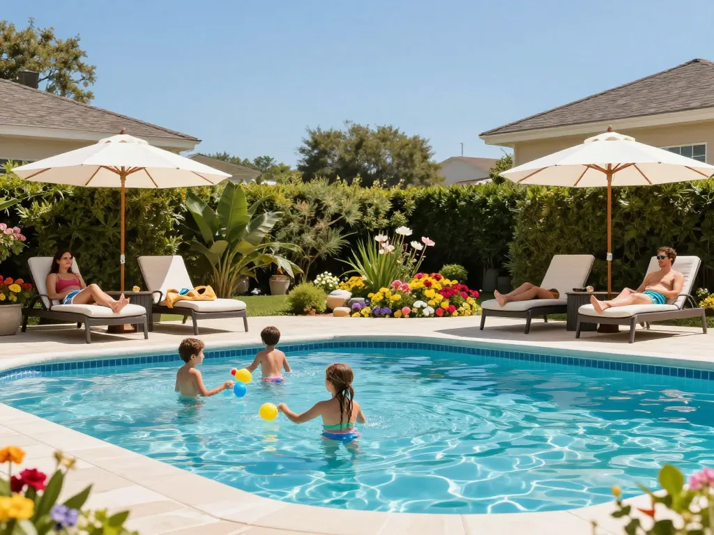 Dolphin Pool Services maintaining a family's sparkling pool while they enjoy time together outdoors.