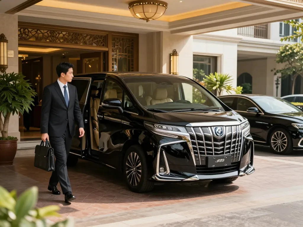 Xe Toyota Alphard sang trọng đậu trước cửa một khách sạn cao cấp, hoàn hảo cho thuê xe Alphard tại Hồ Chí Minh.