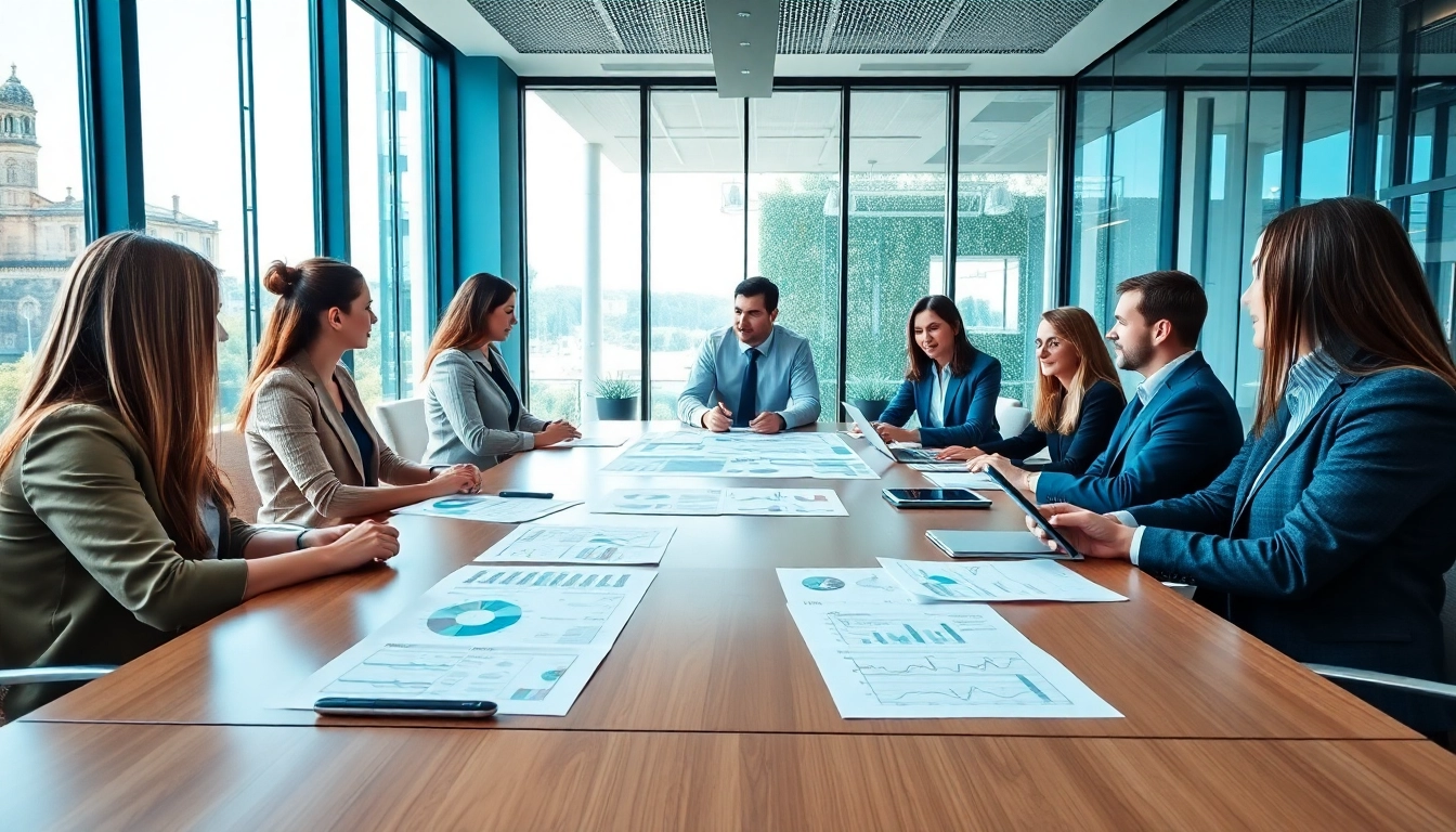 Visualize a team engaged in discussions on luxembourg holding setup strategies in a modern office.