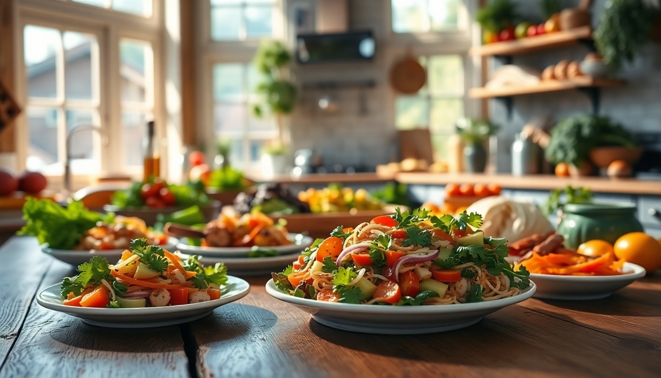 Visual representation of dish facts showcasing vibrant salads and a professional cooking setup.