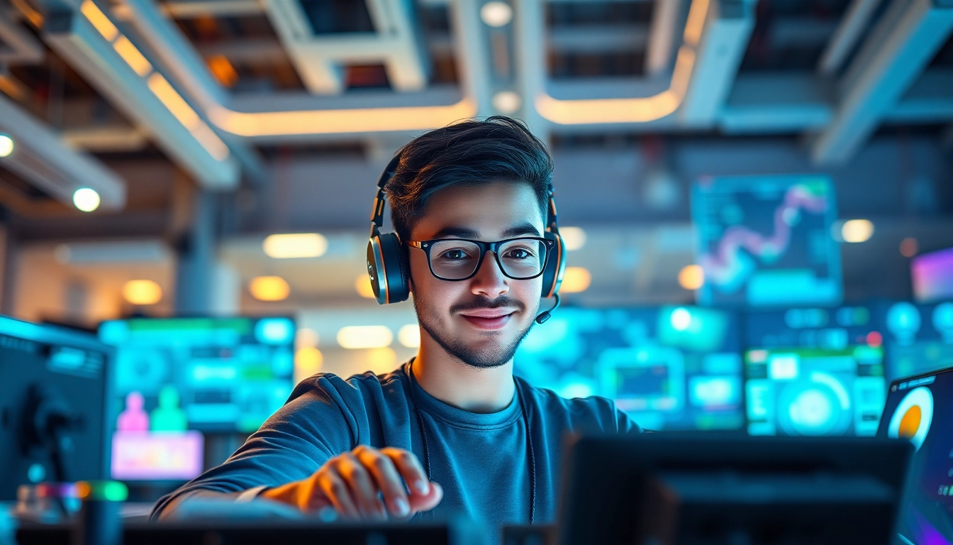 Captivating live avatar engaging in a vibrant digital workspace with high-tech features.