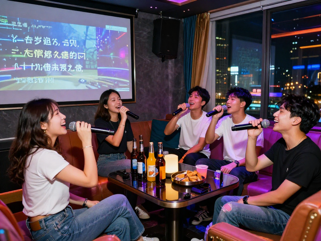 강남 타이밍에서 즐기는 화려한 가라오케 파티 장면, 친구들과 함께 노래하며 즐거운 분위기 조성