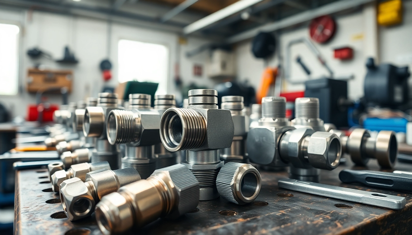 Showcasing high-pressure AN fittings with detailed designs and tools on a workbench.