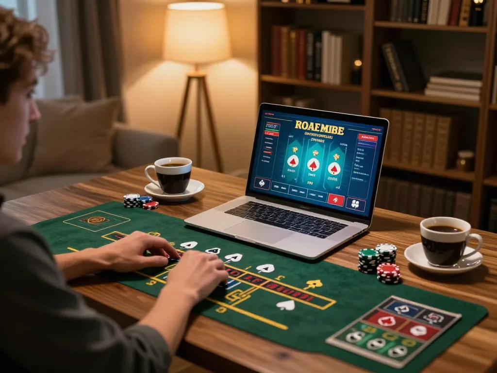 Engaging in N188 online live dealer game, showcasing home gaming setup with warm lighting.