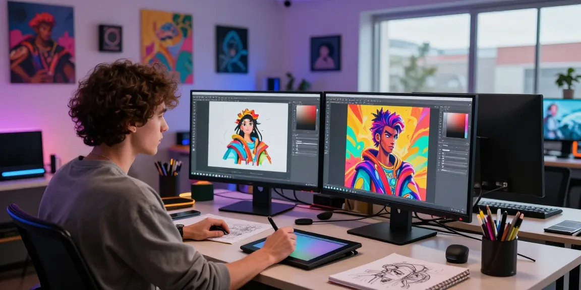 Creating NSFW AI art in a vibrant digital studio environment.