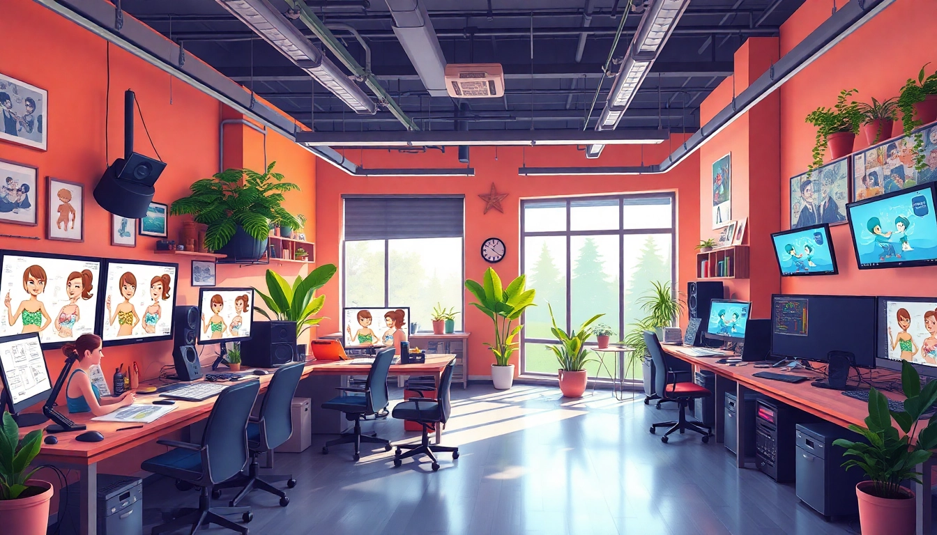 Animationsstudio mit inspirierenden Künstlern und kreativen Projekten im hellen Raum.
