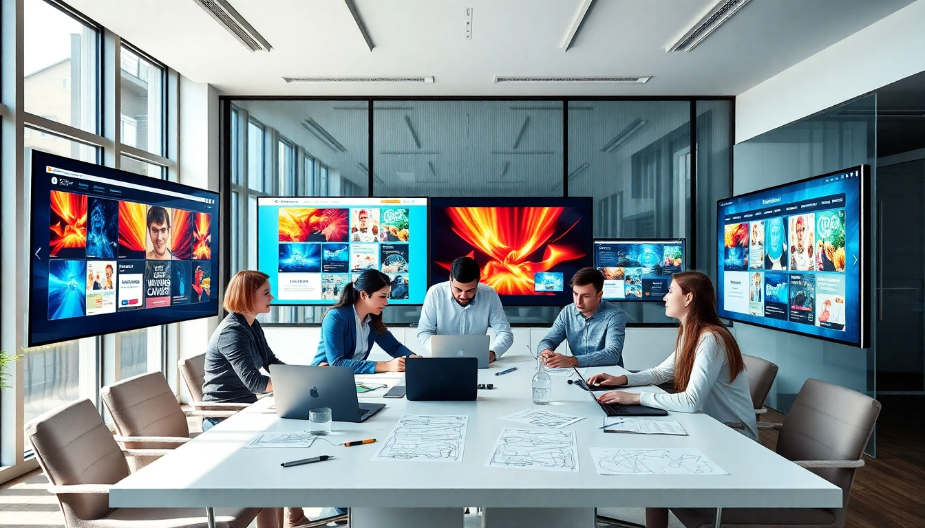 A dynamic scene of a web design company team brainstorming innovative ideas in a vibrant office.