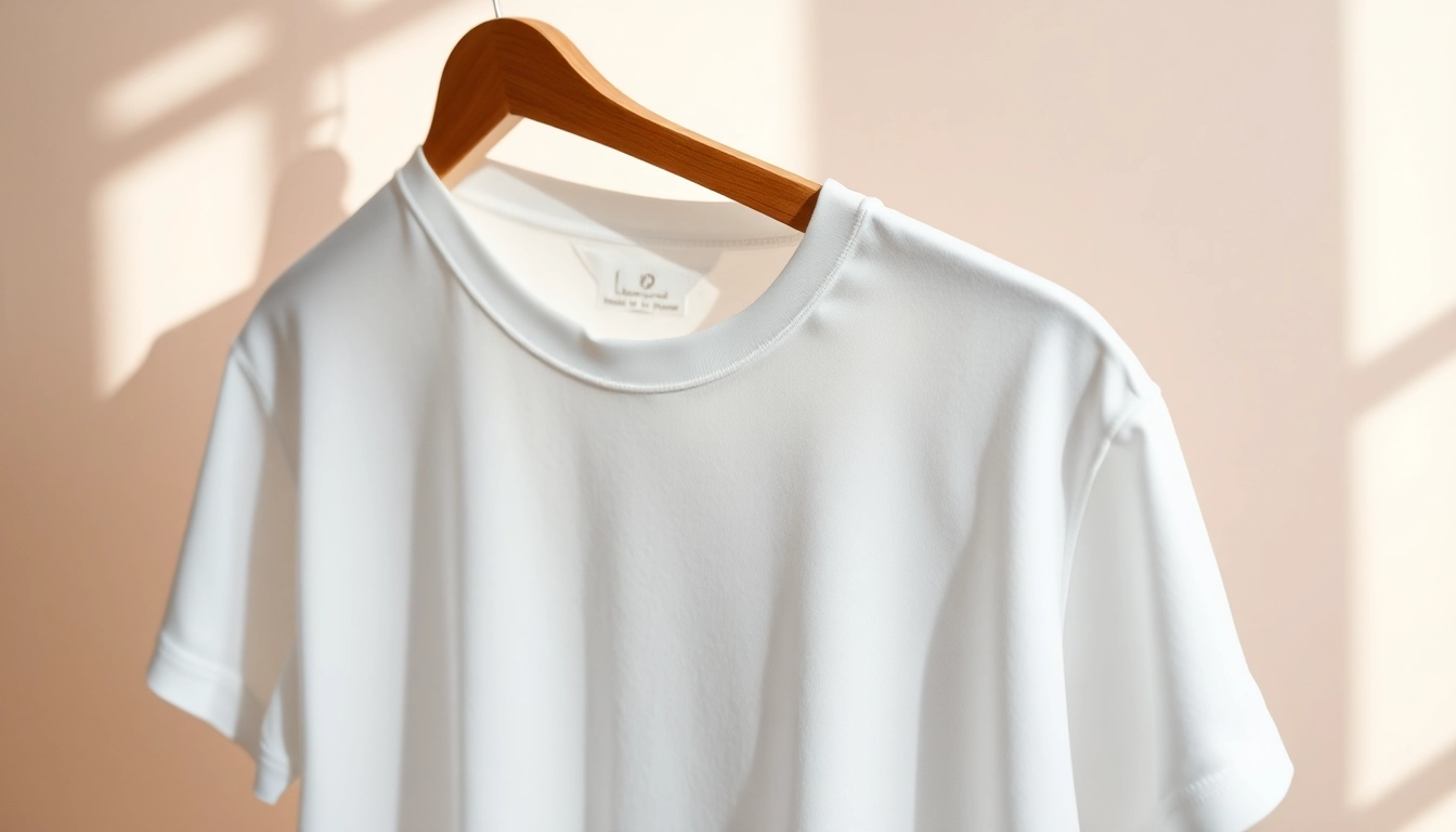 Showcasing a blank white t shirt elegantly hung on a minimalist wooden hanger in soft lighting.