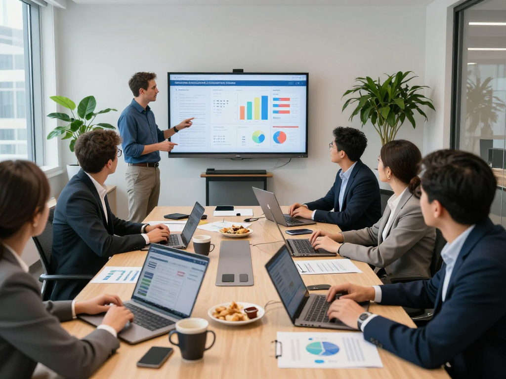 Political media buying agency strategizing during a meeting, analyzing voter data and demographics in a modern office.