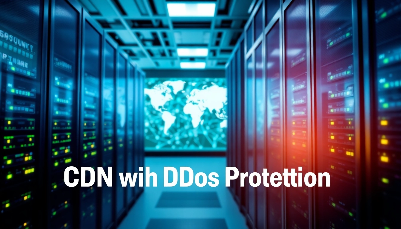 Visual representation of CDN with DDoS Protection in a modern data center environment.