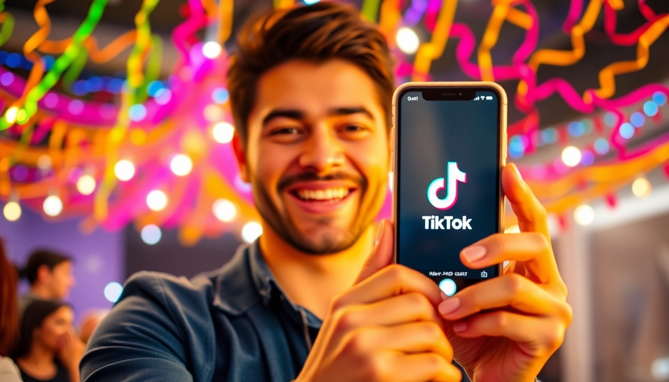 tiktok いいね 購入を促進するインフルエンサーの表情が映る、楽しい背景。