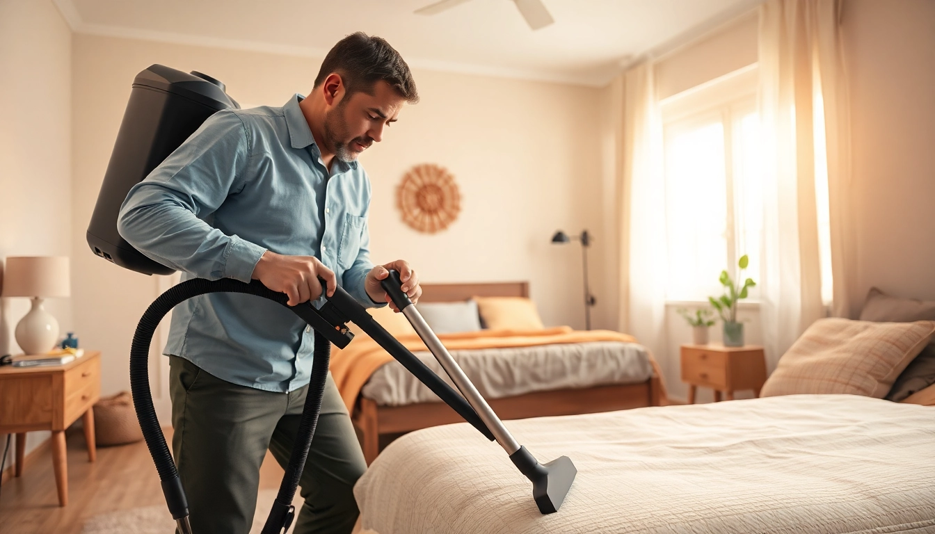 Exterminator executing effective bed bug removal in a clean bedroom environment.