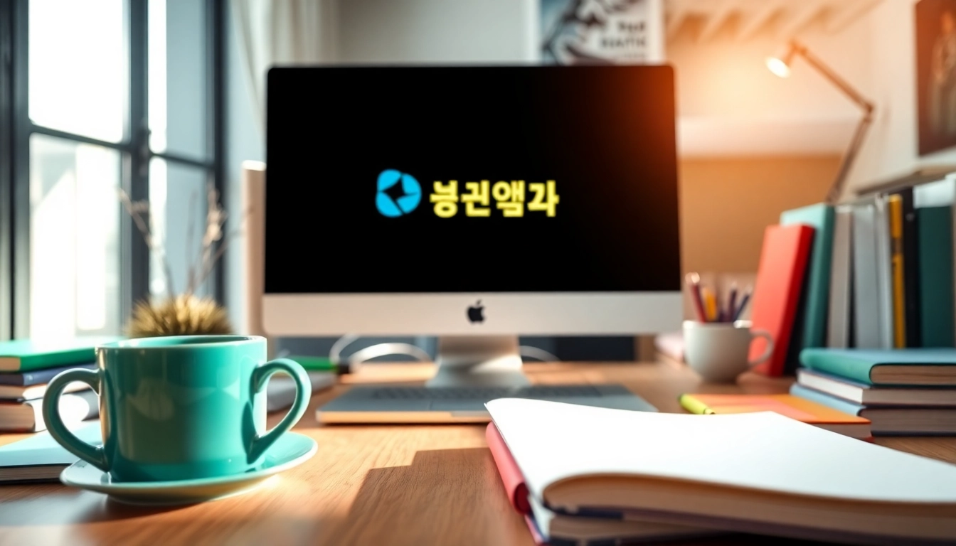 위키티비의 로고가 보이는 현대적 사무 공간의 디지털 미디어 설정