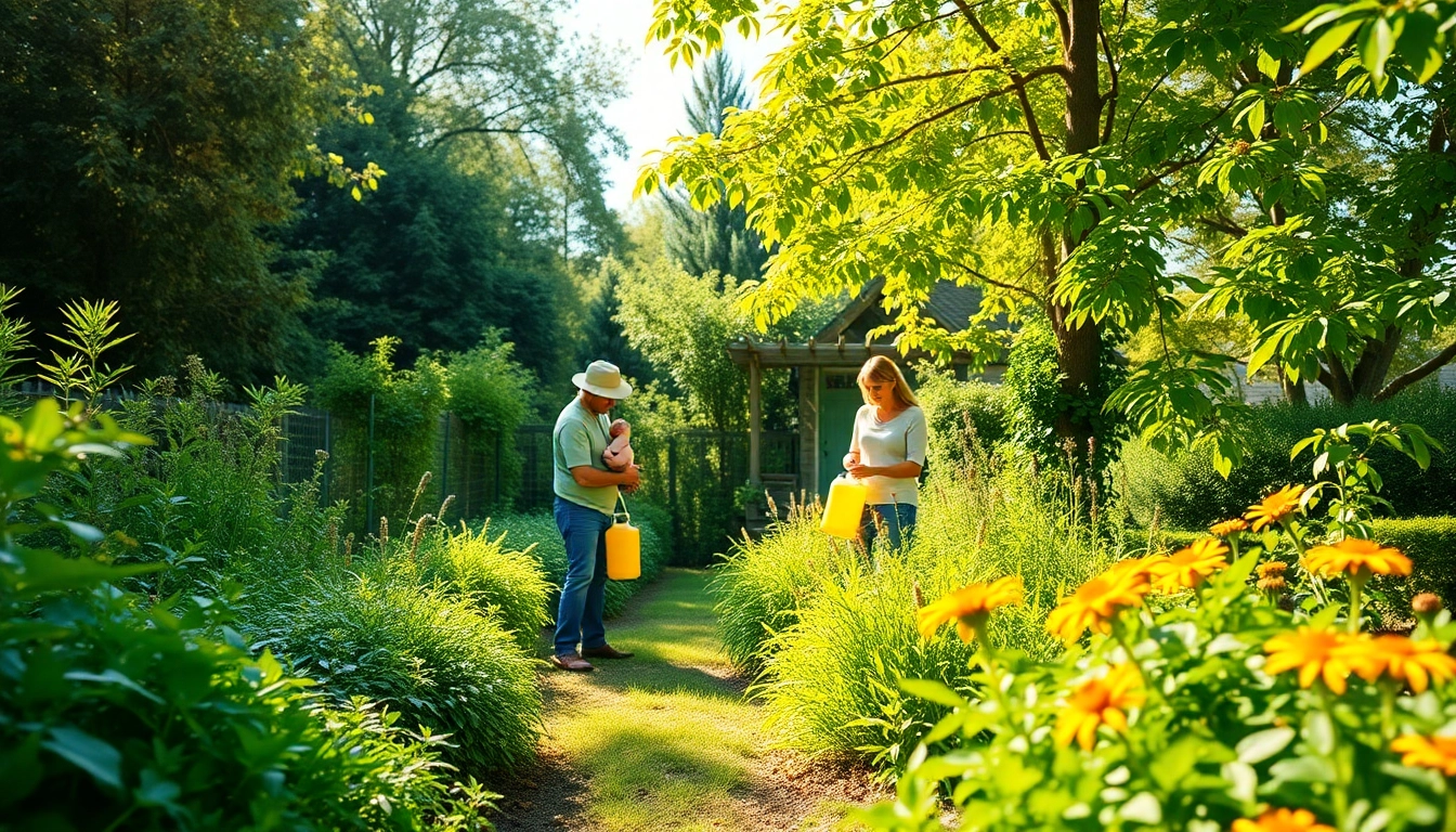 Apply organic pest control option in a vibrant garden with family using natural methods.