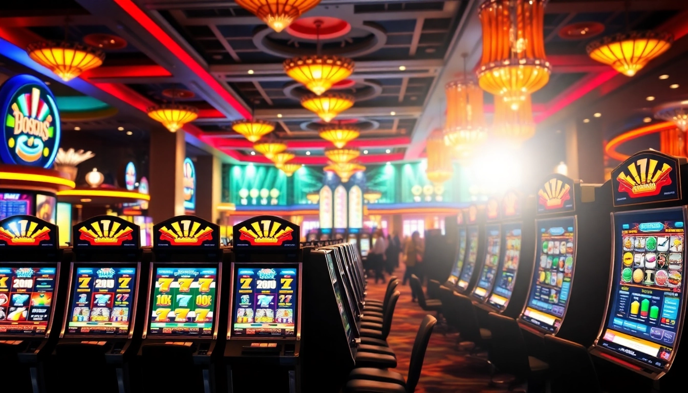 Bermain slot777 di mesin perjudian dengan tampilan yang berwarna-warni dan suasana kasino yang meriah.