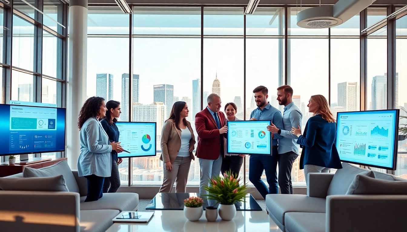 Showcasing enterprise search platforms in action with a team collaborating on data insights.