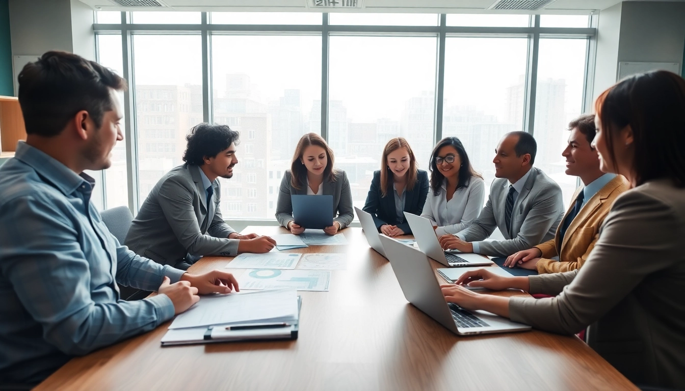 Engaged professionals discussing Federal and State contracts in a bright office setting.