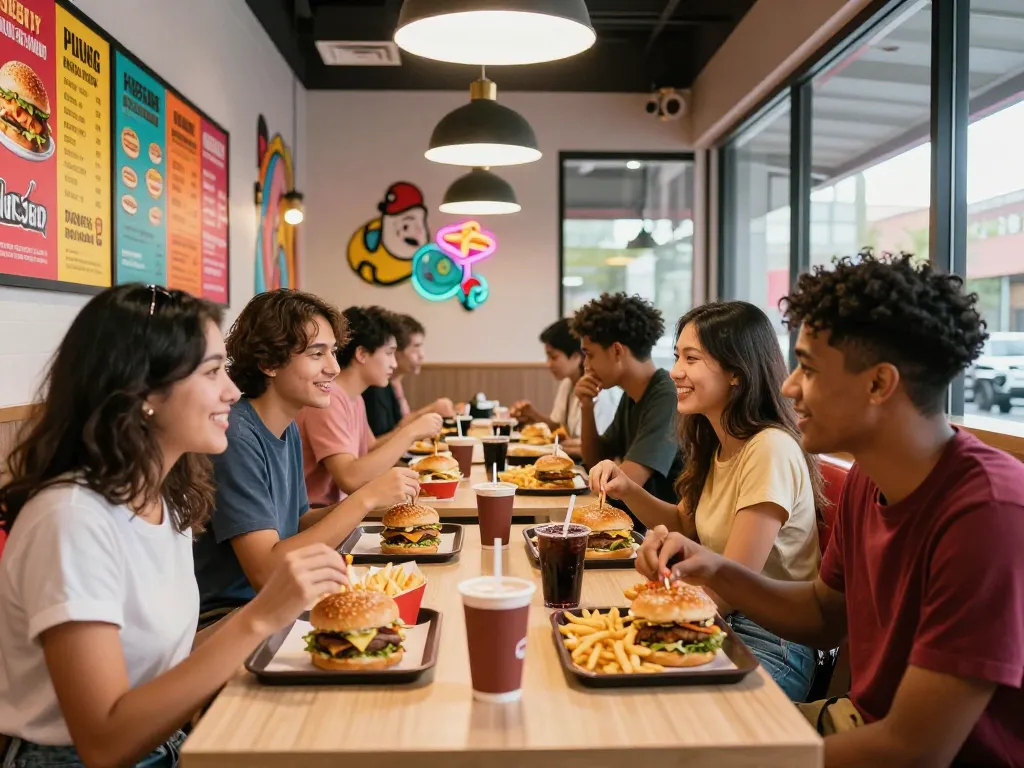 Friends enjoying fast food prices in a lively restaurant setting full of energy.