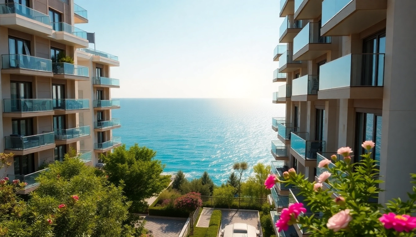 A modern view of apartments for sale in Alanya, Turkey, highlighting Mediterranean coastal scenery.