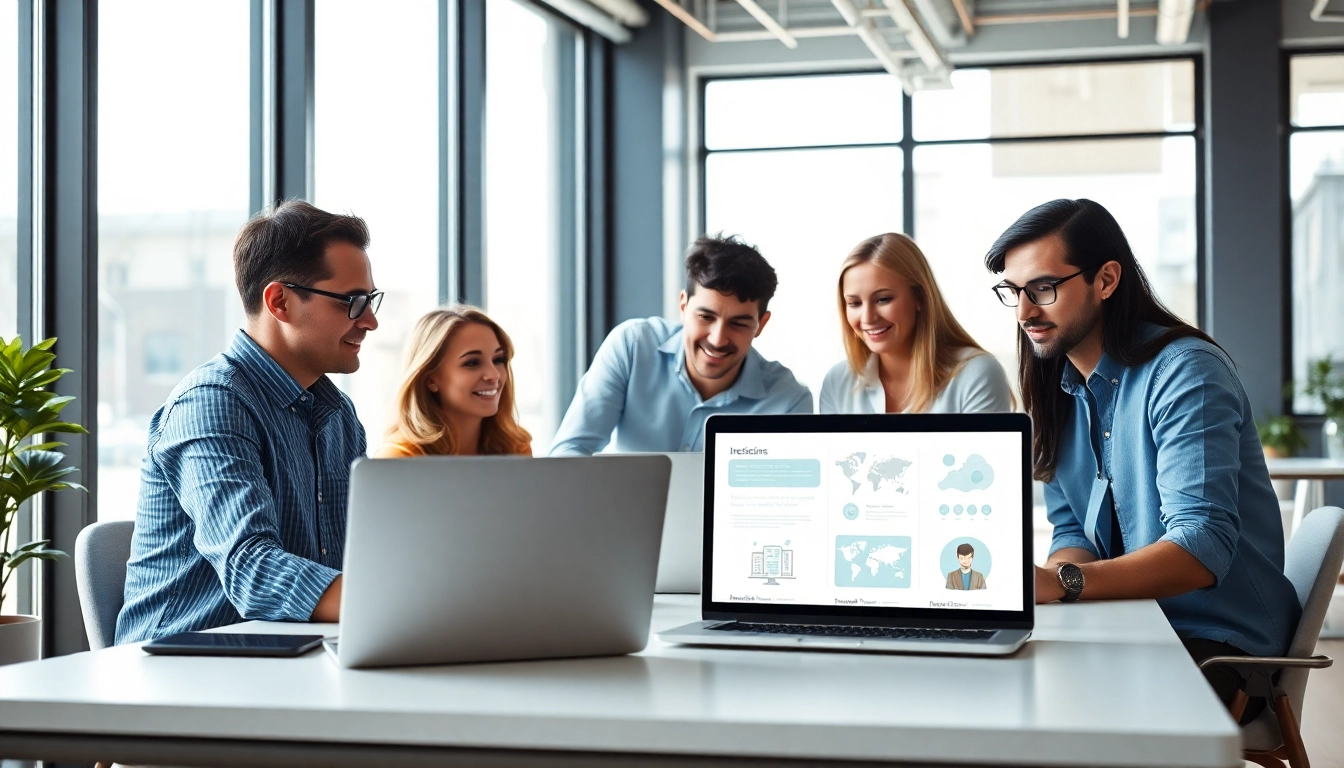 Web design company professionals collaborating on innovative digital projects in a bright office.