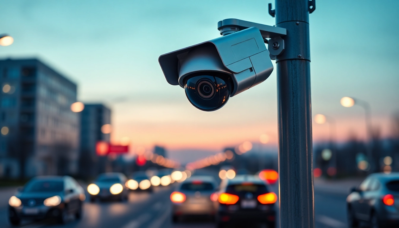 Showcasing a license plate recognition camera capturing vehicle details in urban settings.