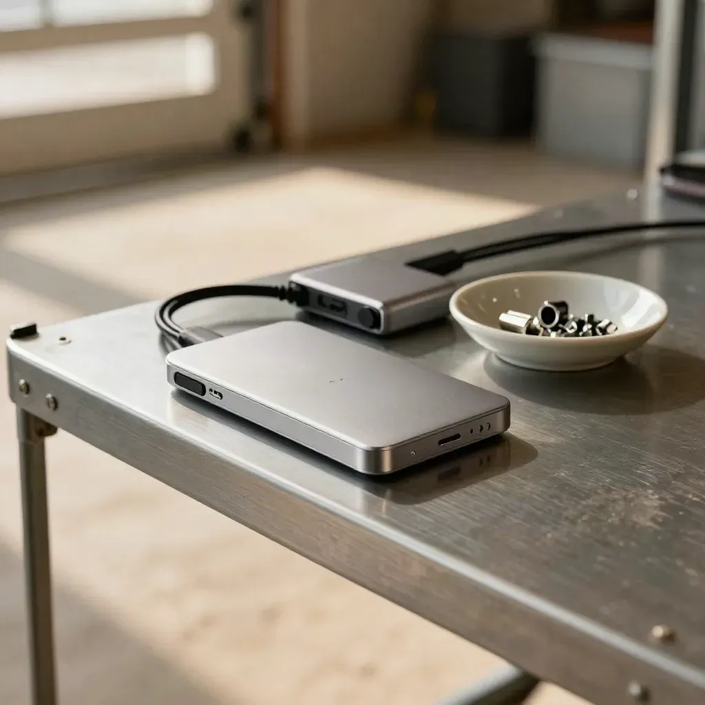 Silver SSD kit on a metal garage shelf in warm noon light